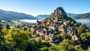 Bâti sur un ancien volcan, ce village au panorama exceptionnel est l'un des plus beaux de France